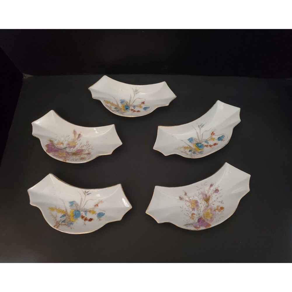 Limoges Crescent Porcelain Bone Dishes Purple Yellow Floral Gold Trim 5 Pc Vtg